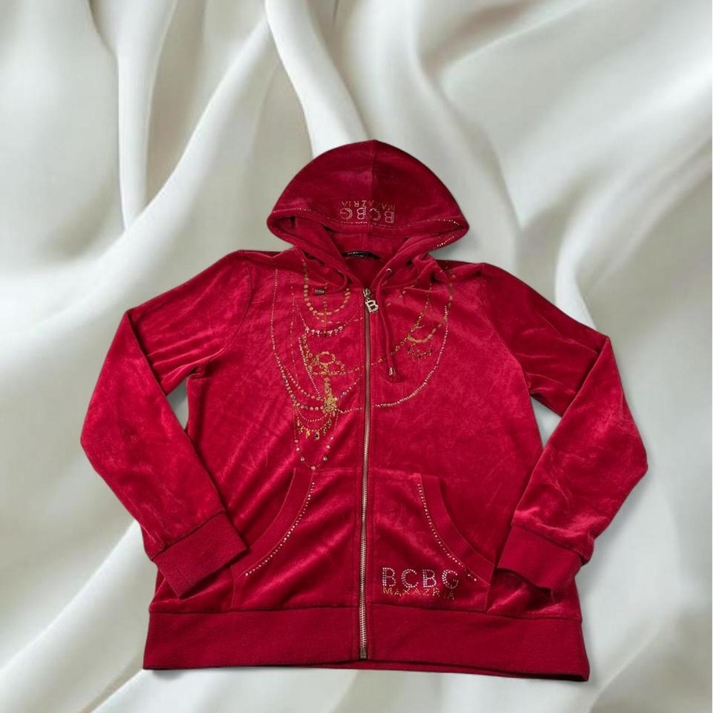 BCBG red velour gold graphic rhinestone zip up jacket y2k mcbling mallcore